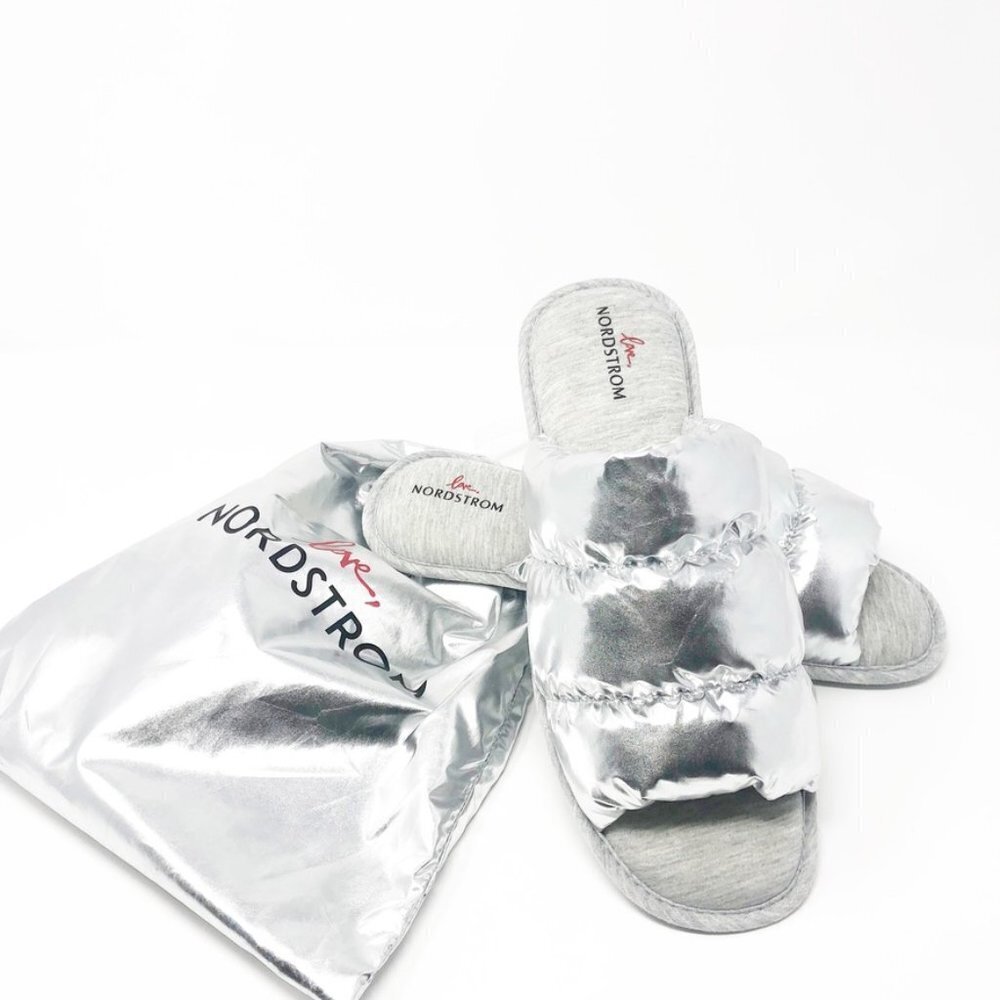 Nordstrom Slippers Size XL (11-12) Silver Limited Edition Puffer Slides NEW